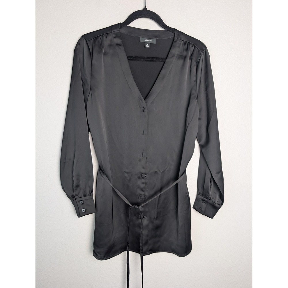 Alfani Blouse Womens M Black Tunic V-Neck Long Sleeve Satin Belted Button-Up